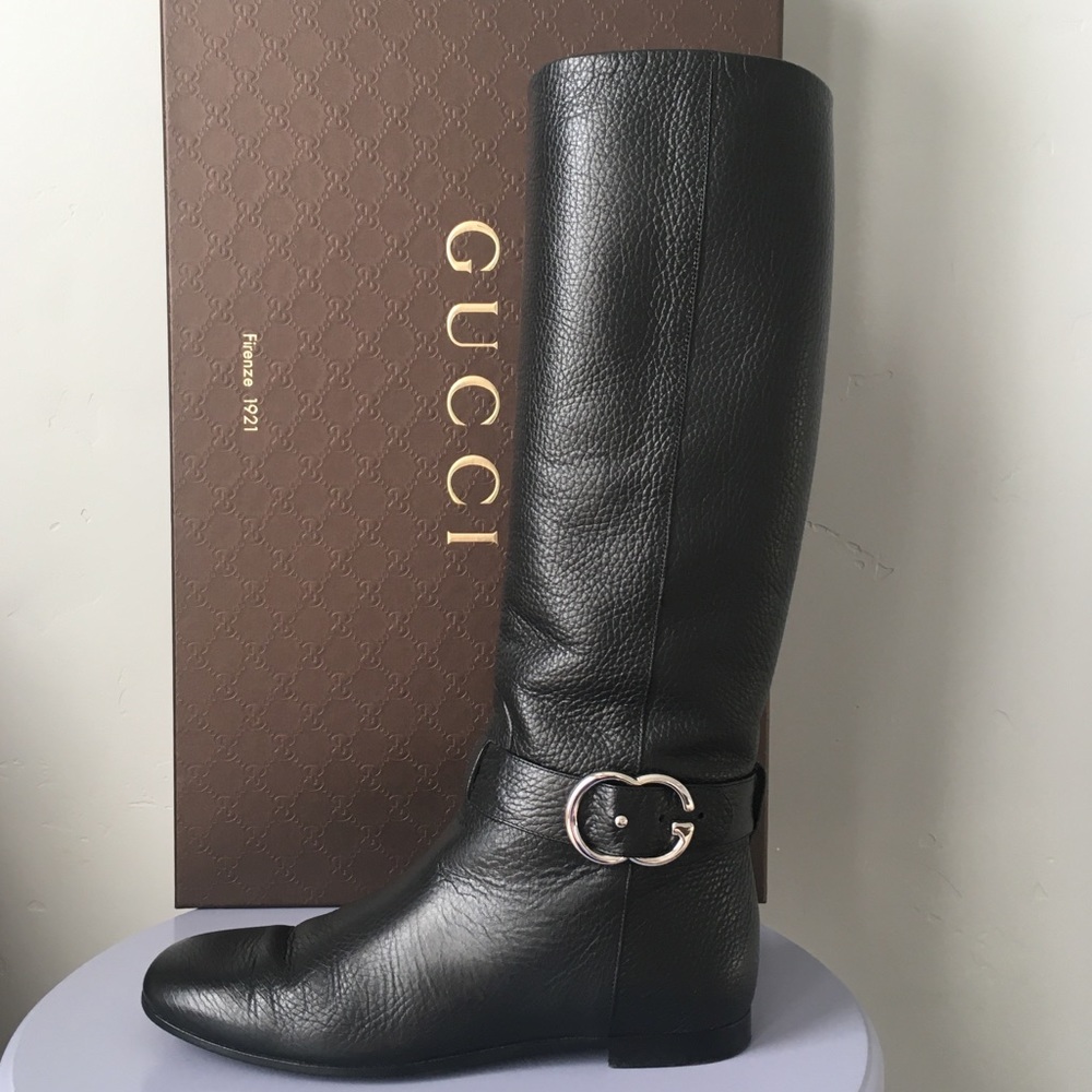Gucci Black Leather Interlocking G Sachalin Pull-on Riding Boots Sz 7 US / 37 EU - Picture 8 of 16